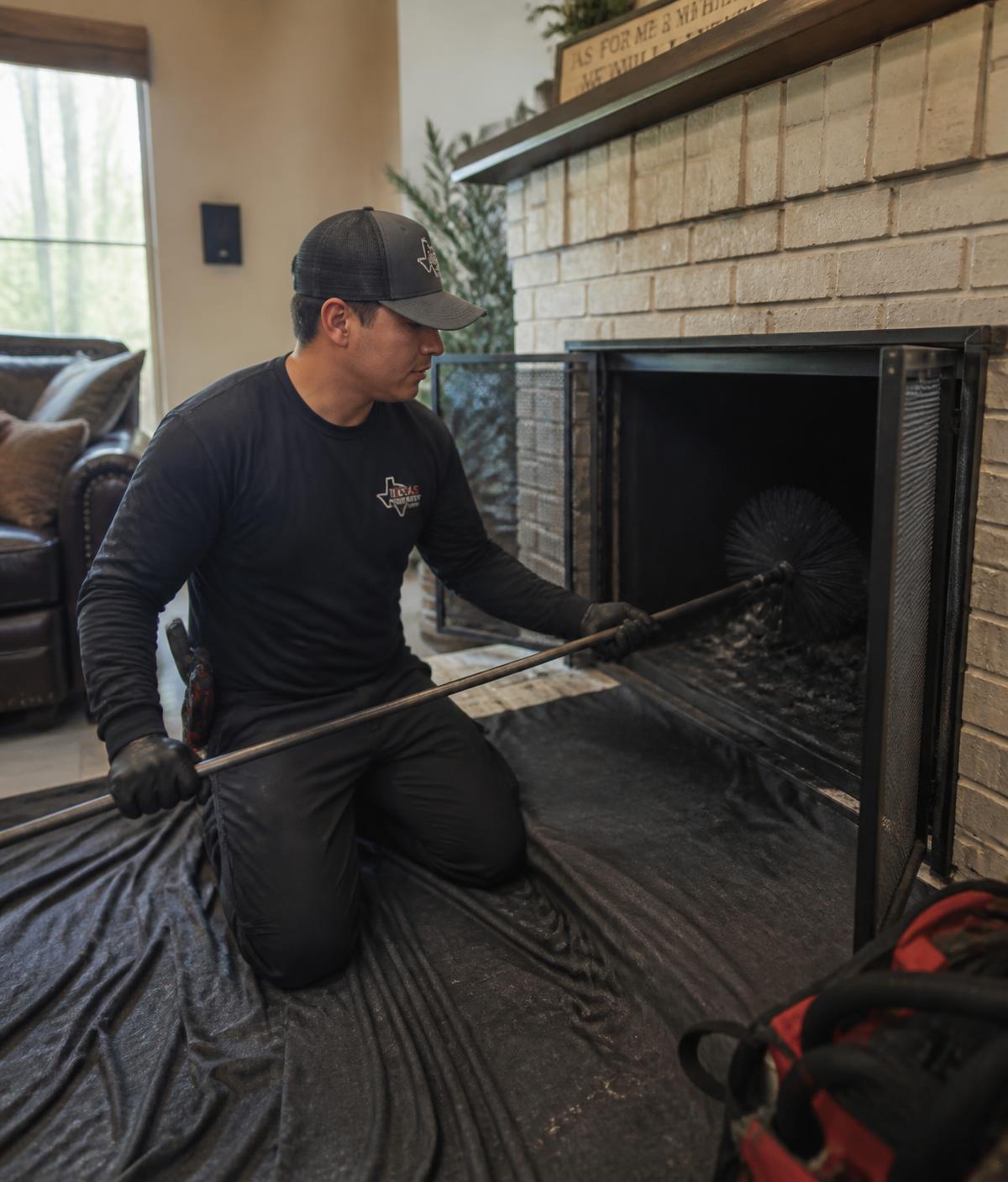 Chimney Operations technician sweeping a fireplace flue in San Antonio, Texas