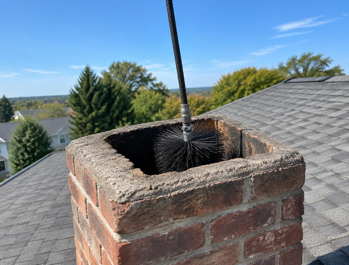 Chimney sweep working on a rooftop chimney flue