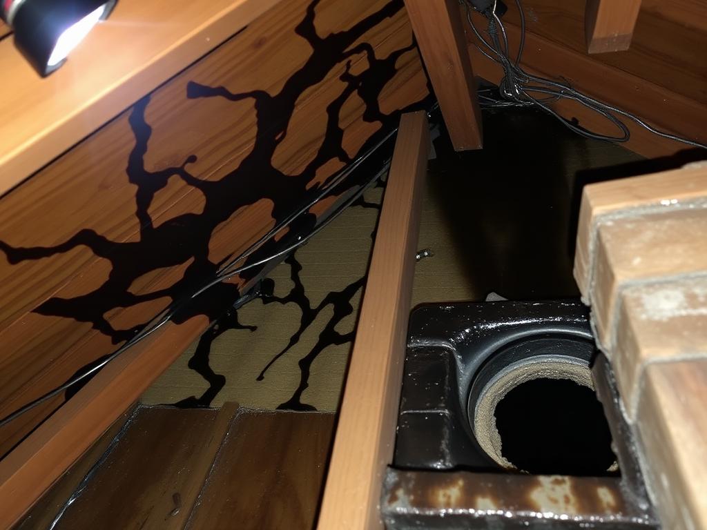 Water damage on attic sheathing next to a leaking chimney in San Antonio