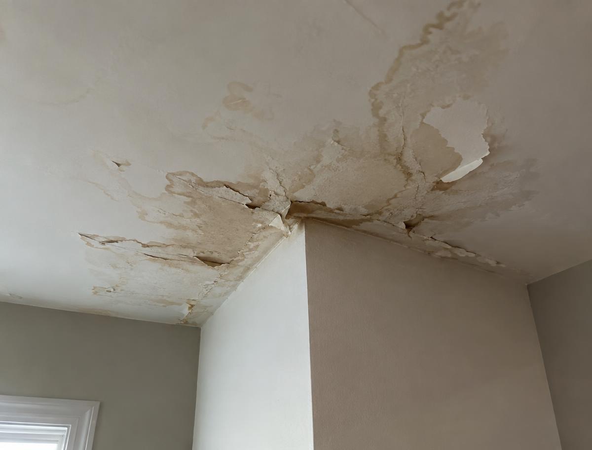 Water stain on a ceiling next to a chimney chase