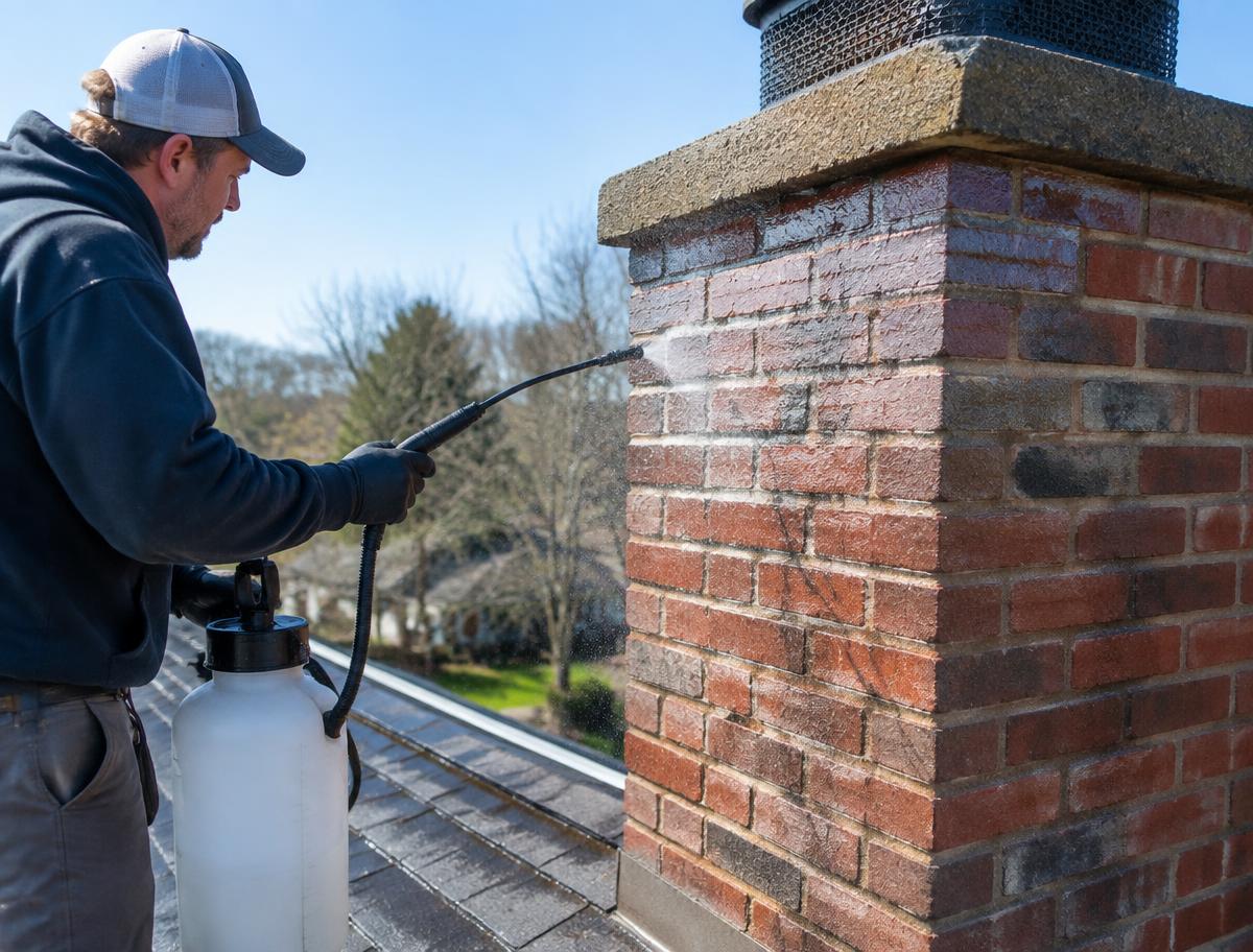 Breathable waterproofing sealer being sprayed onto chimney brick