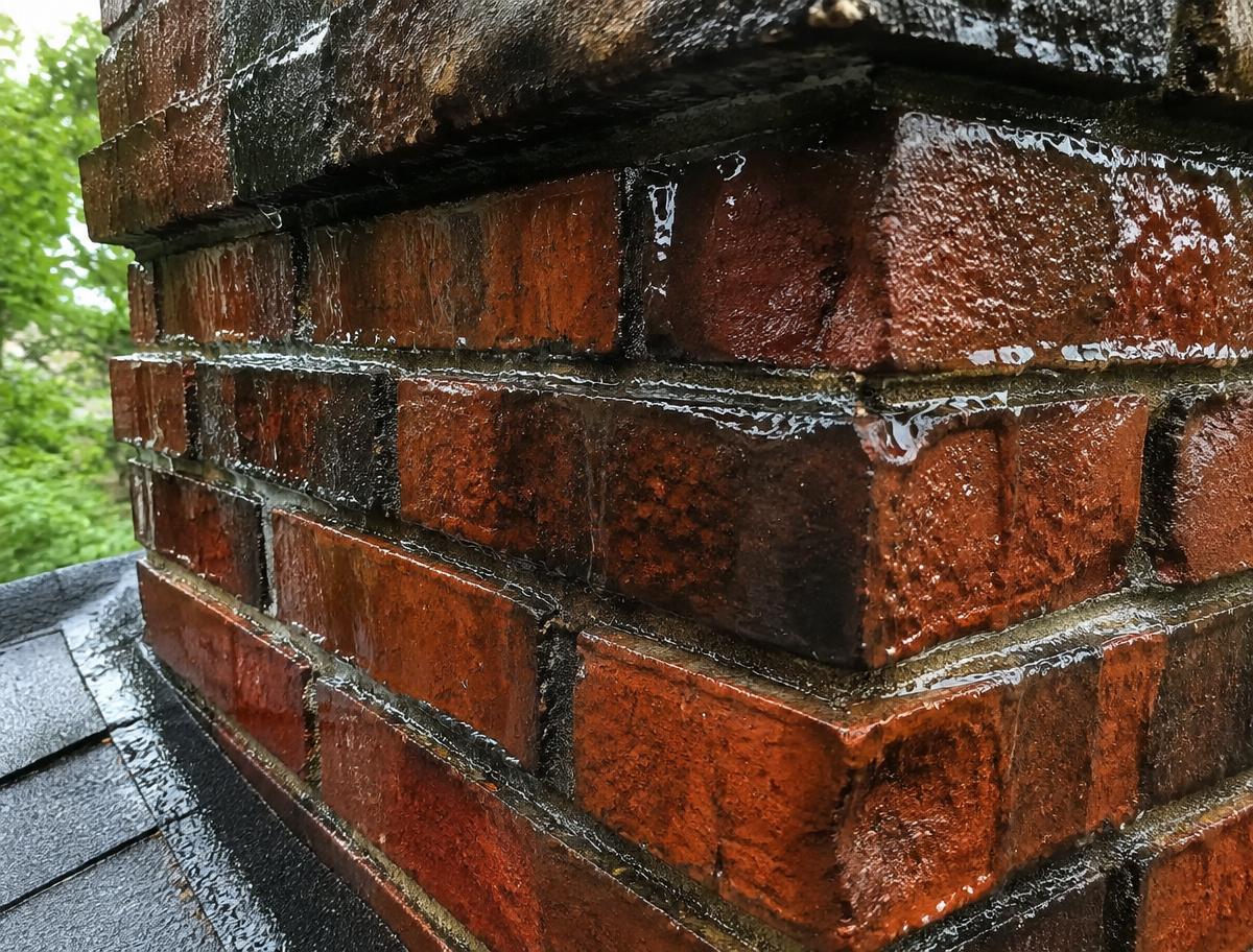 Damp chimney masonry showing white mineral staining