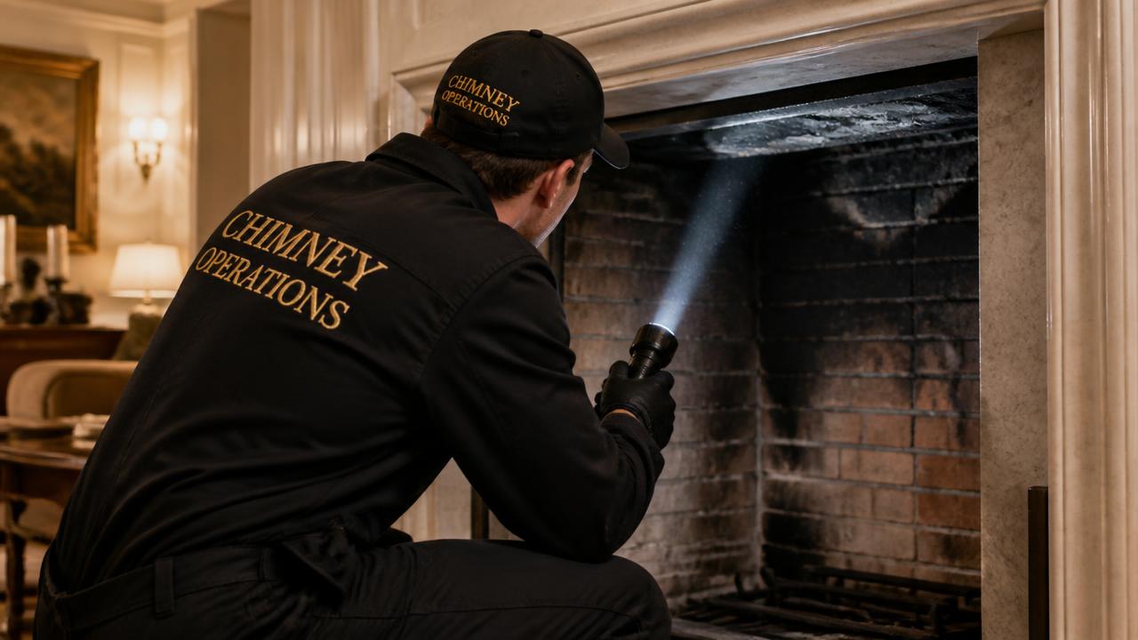 Technician inspecting the inside of a fireplace flue with a flashlight